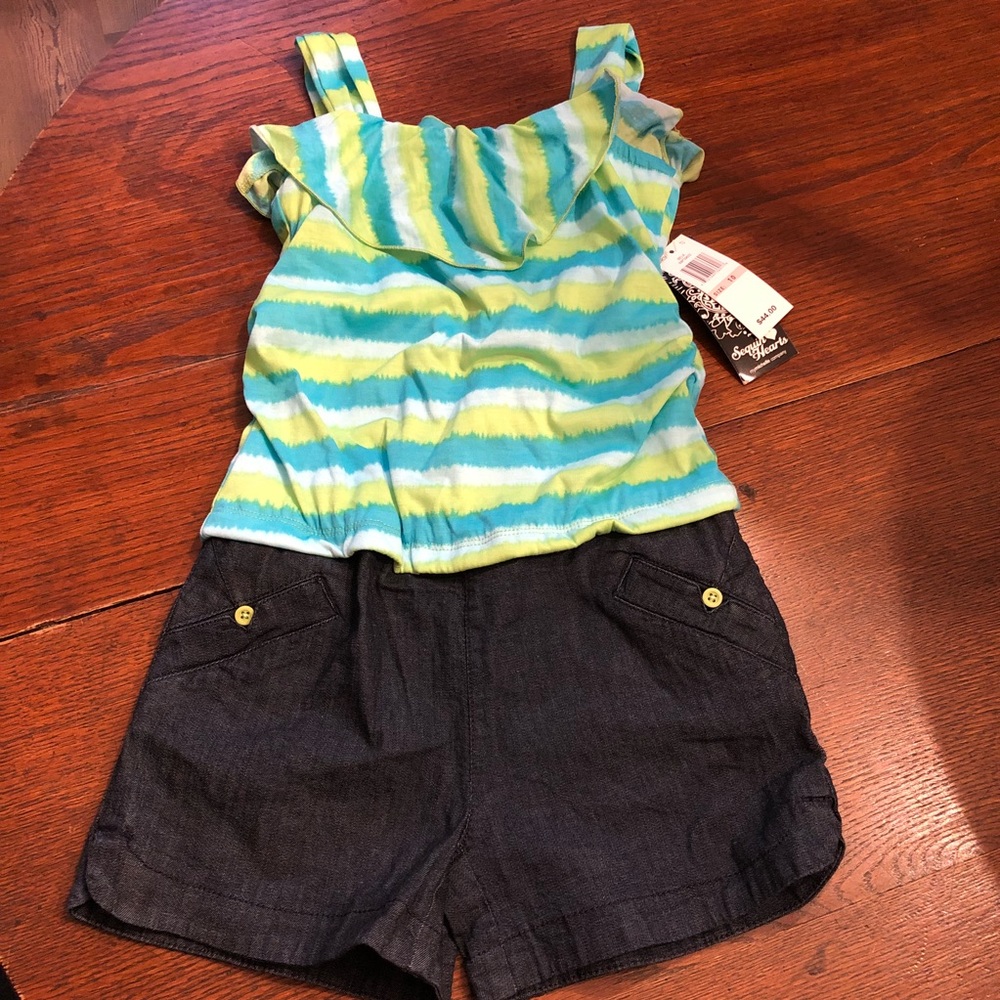 Sequin Hearts Romper Denim Shorts Striped Bodice